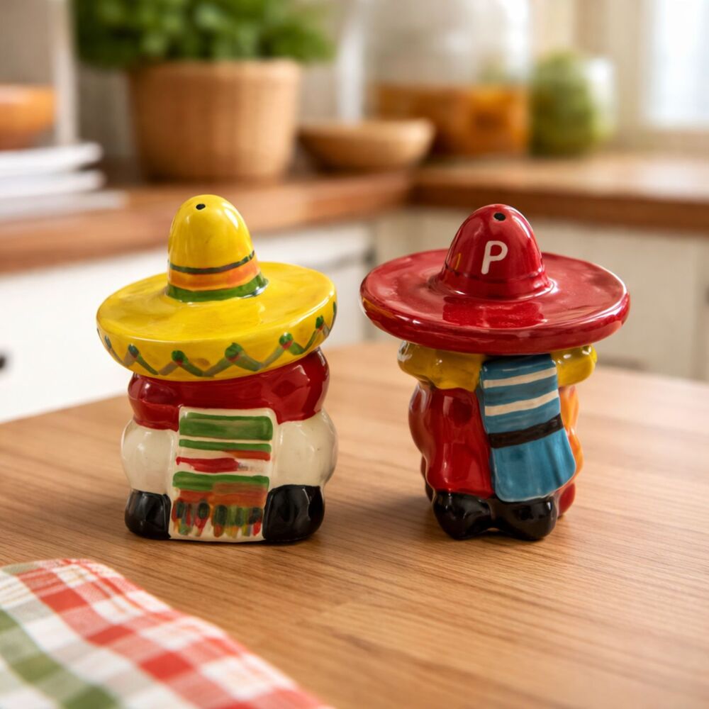 Salt Pepper Shakers Vintage Ceramic Sombrero Retro Kitchen Decor 1970 Set